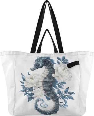 Generic Floral Blue Seahorse pattern Reusable Canvas Tote Bag, Heavy Duty Grocery Shopping Bag with Hard Bottom Large Capacity Double Handles Work Groceries T