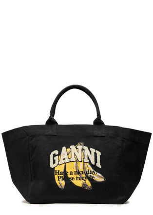 Ganni Banana Xxl Printed Shopper Canvas Tote - Black - One Size