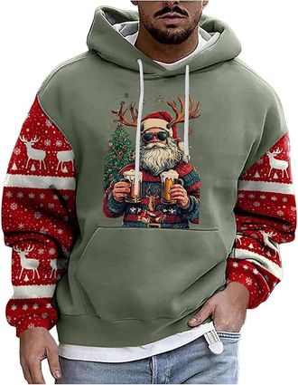 Generic Mens Christmas Hoodie Sweatshirt Mens Christmas Print Hooded Long Sleeve Hoodies Top Funny Christmas Jumpers Santa Festive Sweatshirt Xmas Party Hoode