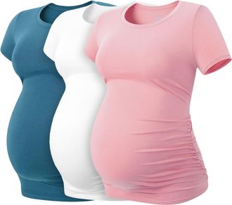 Lapasa Womens Maternity Tops, Soft Modal Cotton Pregnancy Tshirts, Side Ruched Crew Neck Short Sleeve Tees L55, Multicolor 6, XXL