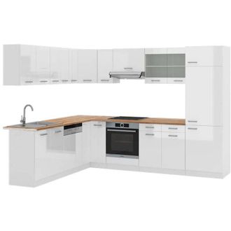 Vicco Cocina esquinera R-Line, Blanco alto brillo/blanco, 227 x 287 cm, et Roble