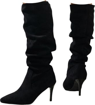 Generic Winter Boots For Women uk Casual Knee High Wide Calf Slouchy Ruched Cutout Side Zipper Chunky Breathable Non Slip Dressy Shoes Block Low Heels Almond 