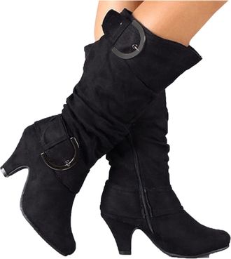 Generic Knee High Black Boots, Long Boots for Women Stretchy Shoe Wide Calf Warm Boot Heels Winter Flexible Shoes Suede Comfortable Leather Black 5.5