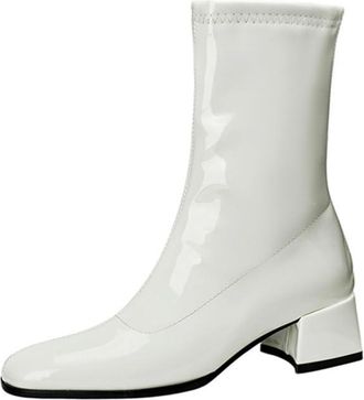 Generic Womens Metallic Ankle Boots Square Toe Block Heels Zip Up Soft Lining Cushioned Insole Comfortable Non Slip Durable Evening Party Casual Shoes,White,7