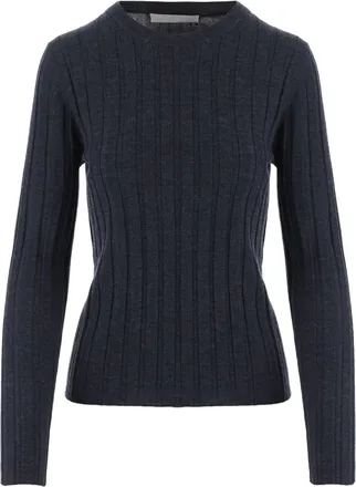Allude Navy Ribbed Crewneck Wool Sweater