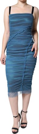 Dolce & Gabbana Blue Mesh Trim Ruched Tulle Sheath Womens Dress (Pre-Owned)