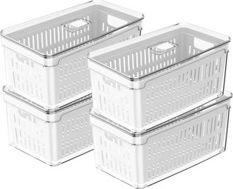 Ou Clear Stackable Fridge Organizer Bin with Drain Basket and Vented Lid, 4 Pack in Clear With White Drainer at Nordstrom