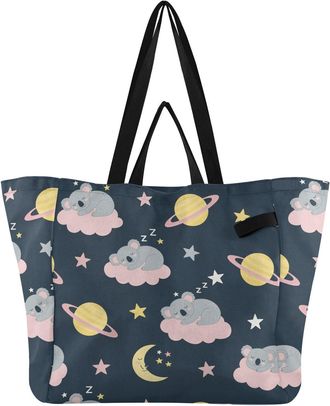 Generic Koala Plant Star Blue pattern Reusable Canvas Tote Bag, Heavy Duty Grocery Shopping Bag with Large Capacity Double Handles Hard Bottom Work Groceries 