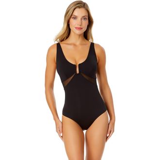 Anne Cole Womens Mesh Around U Ring Mesh Insert One Piece Swimsuit in Black at Nordstrom, Size 6