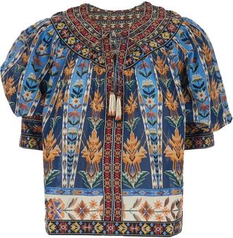 Farm Rio Embroidered Tapestry Short Sleeve Blouse