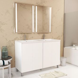 Aurlane Mueble De Ba&ntilde;o 120cm Blanco Lacado 4 Puertas, Lavabo, 2 Espejos 60x80 Con Luz Led Integrada
