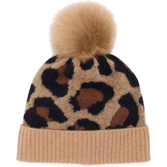 Amicale Cashmere Cheetah Print Cashmere Beanie with Faux Fur Pom in Camel Multi at Nordstrom Rack