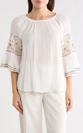 Forgotten Grace Sheer Embroidered Sleeve Top in White at Nordstrom Rack, Size X-Large