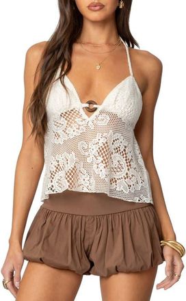 Edikted Open Knit Babydoll Halter Top in Cream at Nordstrom, Size X-Large