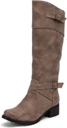 Generic Womens Knee High Riding Boots Double Buckle Block Heels Distressed PU Leather Stylish Comfortable Non Slip Durable for Casual Daily Office Outing,Khak