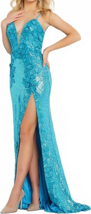 Jovani Floral Appliques Backless Dress In Turqouise
