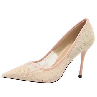 Generic Elegant Lace Hollow Design High Heel Pumps Womens Pointed Toe Shoes for Night Out and Celebrations,Pink,6.5 UK