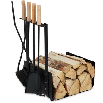 Relaxdays Porta Legna da Interno con 4 Accessori, Attizzatoio, Paletta, Spazzola & Pinza, Indoor, Design Moderno, Nero - Relaxdays