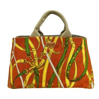 Prada Beige Orange Canvas Handbag Tote Bag (Pre-Owned)