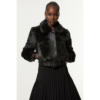 Karen Millen Faux Fur Pu Panel Belted Cropped Jacket in Black at Nordstrom, Size 12