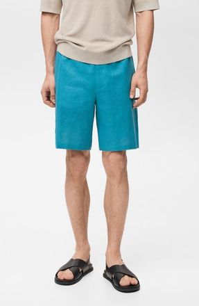 Mango Drawstring Cotton & Linen Bermuda Shorts in Turquoise at Nordstrom, Size 32