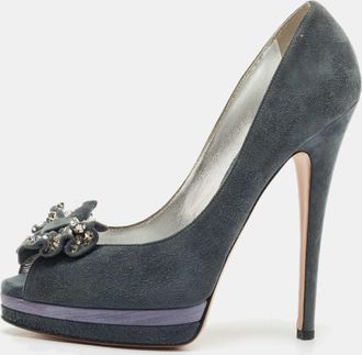 Casadei Grey Suede Crystal Embellished Bow Peep Toe Pumps
