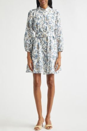 Veronica Beard Kumar Long Sleeve Floral Paisley Linen & Silk Dress in Dove Multi at Nordstrom, Size 10