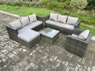 Fimous Rattan Garden Furniture Sofa Set with Armchair Square Coffee Table Big Footstool Indoor Outdoor 8 Seater Rattan Set in Dark Grey