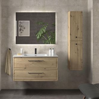 Cygnus Bath Mueble De Ba&ntilde;o Runa 100cm Roble 2 Cajones Lavabo 1 Poza Porcelana