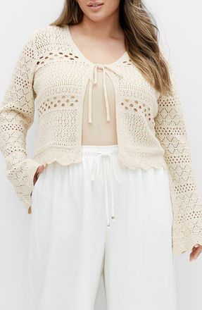 City Chic Tie Front Open Stitch Cardigan in Ivory at Nordstrom, Size Xxxs