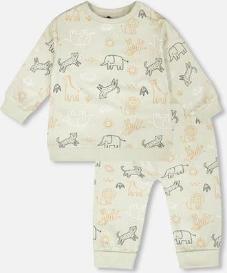 Deux par Deux Organic Cotton Jersey Animal Print Sweater and Pants Set in Sage Green Animal Print at Nordstrom, Size 18M