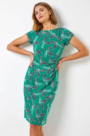 Roman Leaf Print Stretch Ruched Shift Dress