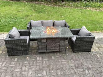 Fimous Pe Wicker 5 Seater Rattan Gas Fire Pit Table Heater Sets Lounge Sofa Chair in Dark Grey