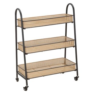 Dmora Carrito Fapaga, 3 Estantes, Ruedas, Acabado Efecto Paja De Viena, 60x30x80h Cm Marr&oacute;n