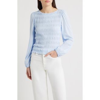 Madewell Smocked Boat Neck Long Sleeve Cotton Top in Sky Blue at Nordstrom, Size Xx-Small