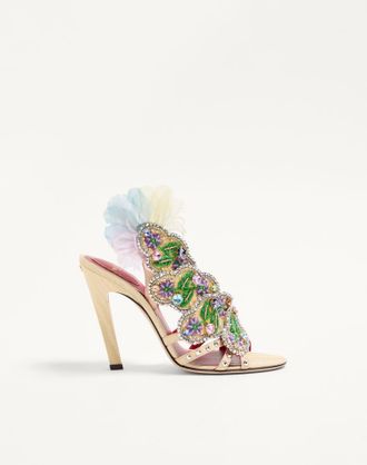 Valentino Garavani Dans Le Foyer Sandal In Moir&eacute; Fabric With Floral Embroidery And Feathers 105Mm Wo