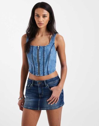 Levi's Top di jeans a corsetto blu con scollo squadrato e cuciture