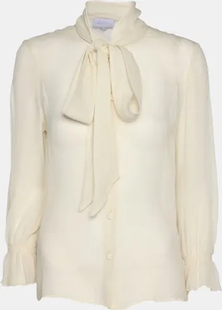 Luisa Beccaria Off White Chiffon Scarf Neck Button Front Blouse
