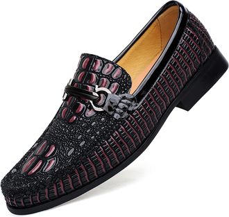 Generic Mens Leather Dress Shoes, Classic Crocodile Printed Dress Shoes Casual Fashion Slip-on Penny Loafer for Men (5.5,Wine red)