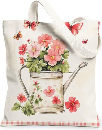 Generic Spring Geranium Flower Canvas Tote Bag for Shopping 13x15, Farmhouse Country Floral Reusable Grocery Print Bag for Women, Fun Farm Beach Aesthetic Pai