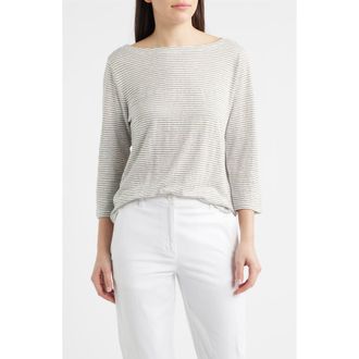 Eileen Fisher Stripe Bateau Neck Organic Linen Top in Bay Leaf at Nordstrom, Size X-Large