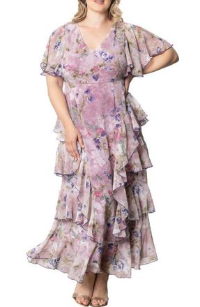 Kiyonna Tour de Flounce Tiered Maxi Dress in Lilac Floral Print at Nordstrom, Size 0X