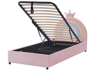 Beliani Letto Moderno In Velluto Ue 90 X 200 Cm Imbottito Per Bambini Con Rete A Doghe Rosa Con Contenitore Grisetot