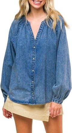 Flying Tomato Washed Long Sleeve Denim Top in Medium Indigo at Nordstrom Rack, Size Small