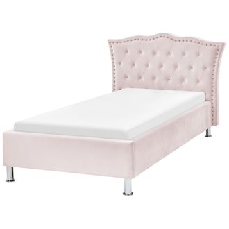 Beliani Cama Con Somier De Terciopelo Rosa Pastel Plateado 90 X 200 Cm Botones Metz