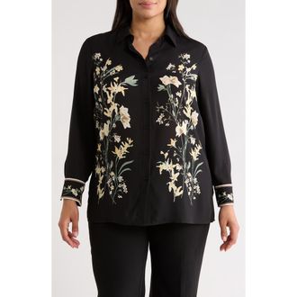 Anne Klein Floral Button-Up Shirt in Anne Black Multi at Nordstrom, Size 2 X