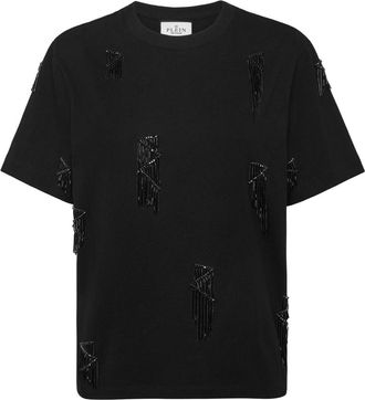 Philipp Plein Jersey T-Shirt Ronde Hals SS Franje - Dames - T-shirts - Zwart - XS - Katoen - Tops