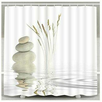 OEM Cortina De Ducha Con Reflejo De Piedra Zen Y Hierba Silvestre En El Agua, Incluye 12 Ganchos, Dise&ntilde;o Para Meditaci&oacute;n, Material Impermeable - Crezuo