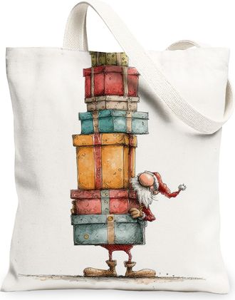 Generic Holiday Canvas Tote Bags, Santa Gift Pattern Reusable Shopping Bags, Festive Vintage Lightweight Washable Shoulder Strap Ca, White, 13x15 Inch