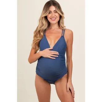 Pinkblush Ruched Side Strappy Cross Back One Piece Swimsuit in Royal Blue at Nordstrom, Size X-Large